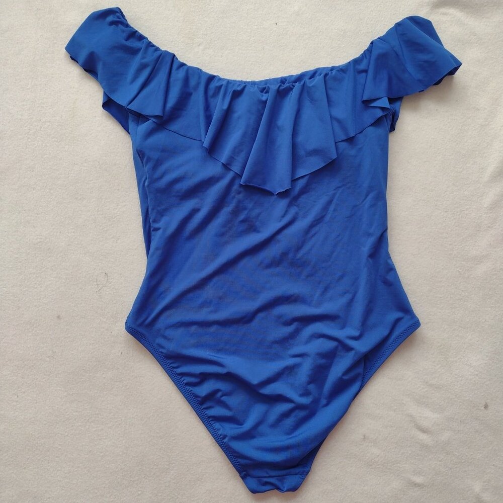 Trina Turk Blue Ruffle Swimsuit 12 Off-The-Shoulder Fully Lined One-Piece - Picture 9 of 10